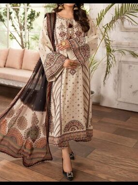 Embroidered Cream & Brown Printed Lawn Suit